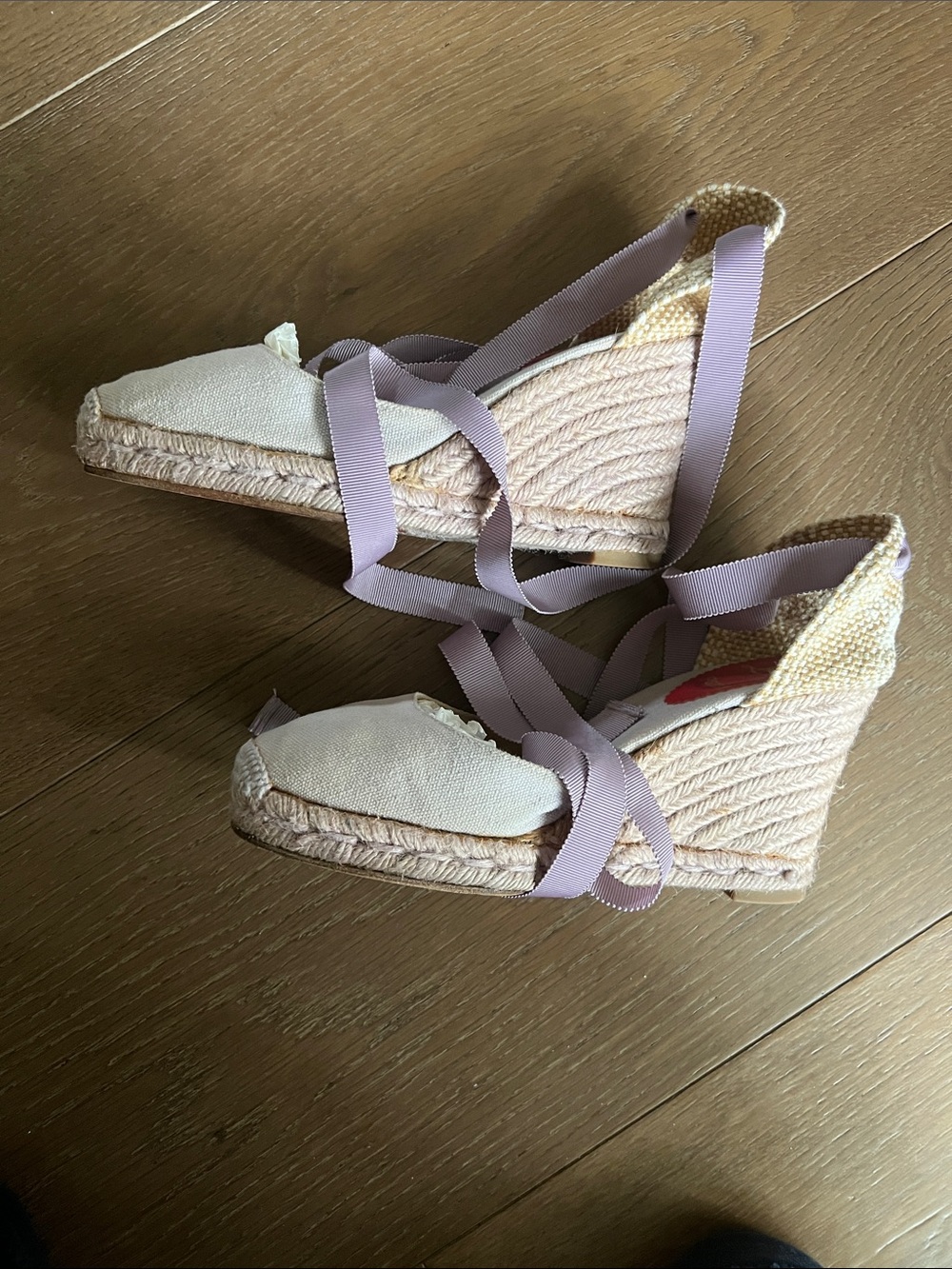 Christian Louboutin Beige Espadrille Wedges with Lavender Ankle Ribbons - Picture 2 of 4